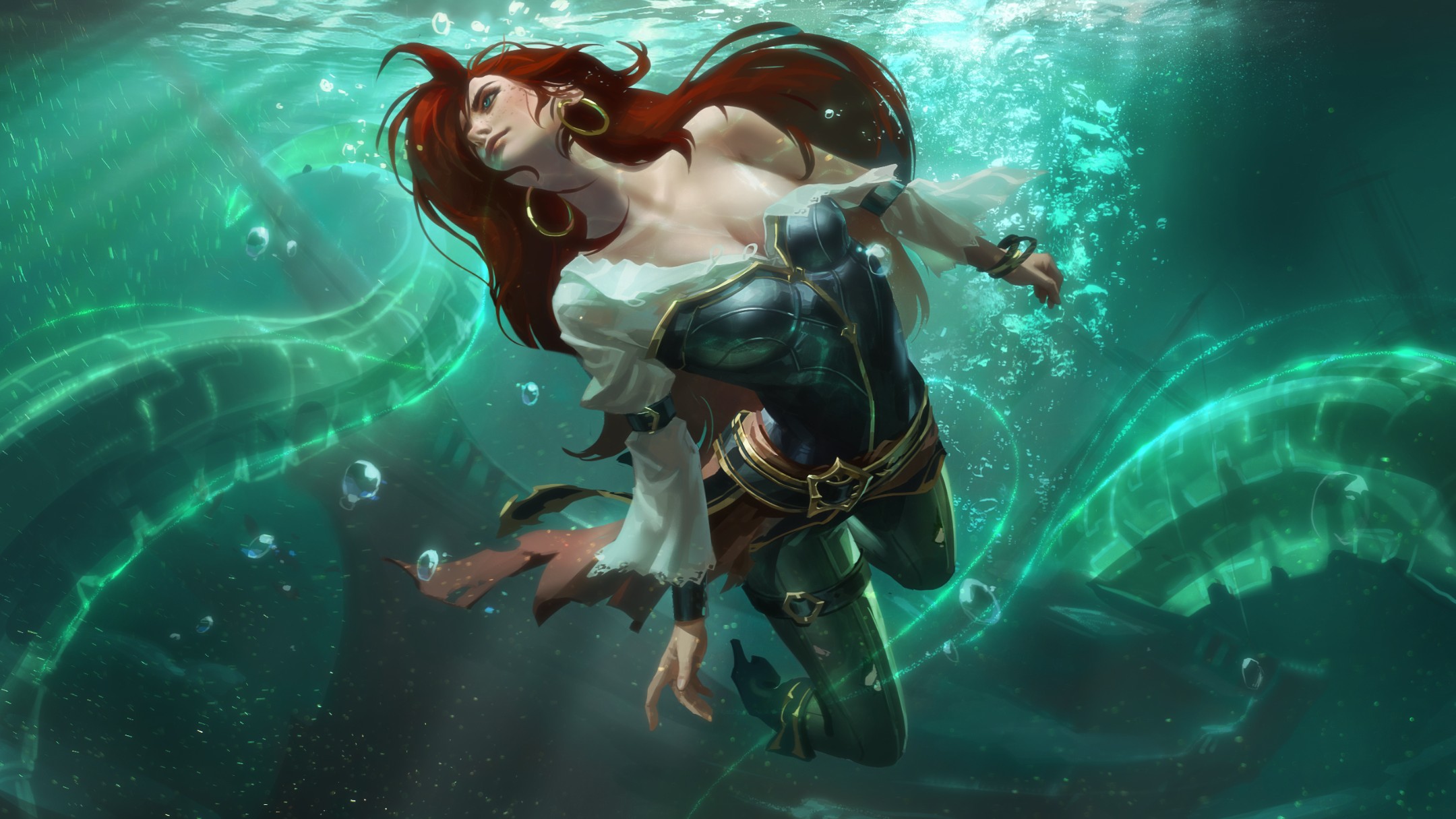 a digital painting of a redhaired woman in a pirateinspired outfit swimming underwater. she is wearing a corset top, a skirt, and leggings, and has a fishtail. she is surrounded by bubbles and green energy that looks like kelp.  the background is a dark teal and blue.