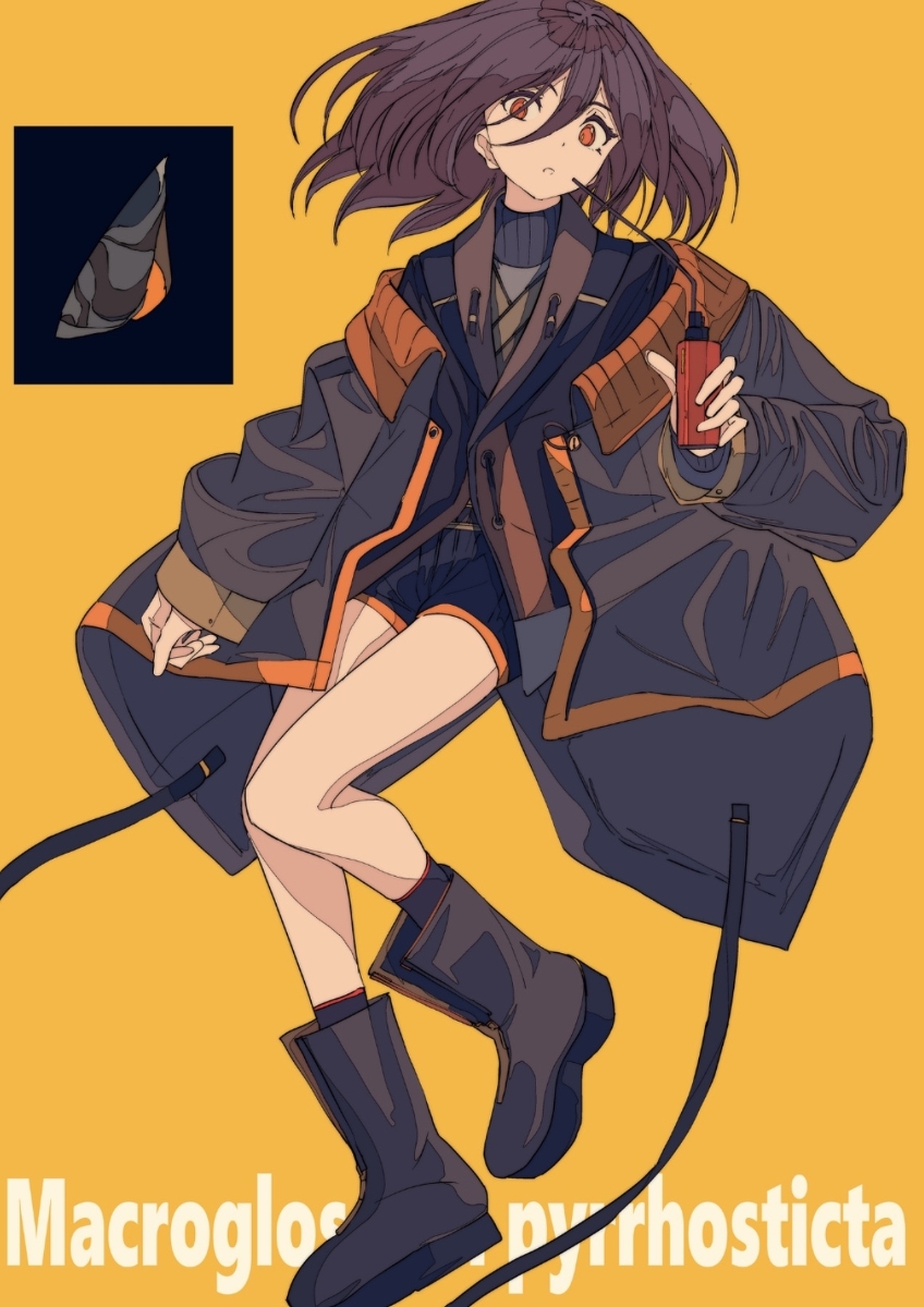the image is a digital drawing of a stylized anime girl with dark purple hair. she's wearing a darkcolored coat with orange accents, dark boots, and what looks like a shortsleeved top underneath.  she's holding a small, orange object in her right hand. her pose is dynamic, seemingly floating or suspended in midair. the background is a solid yellow color.  a small square in the upper left corner shows a stylized image, possibly representing a moth wing, with the text "macroglossum pyrosticta" at the bottom, identifying the type of moth. the overall style is modern and detailed, with a focus on the character's clothing and pose.