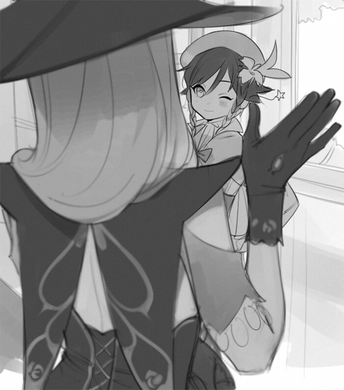 the image is a black and white sketch of genshin impact characters lisa and sucrose. lisa, with her back turned to the viewer, is waving goodbye with her gloved hand. sucrose is facing lisa with a cheerful expression, waving back. the scene is indoors, with a window visible in the background, and the lighting is soft.
