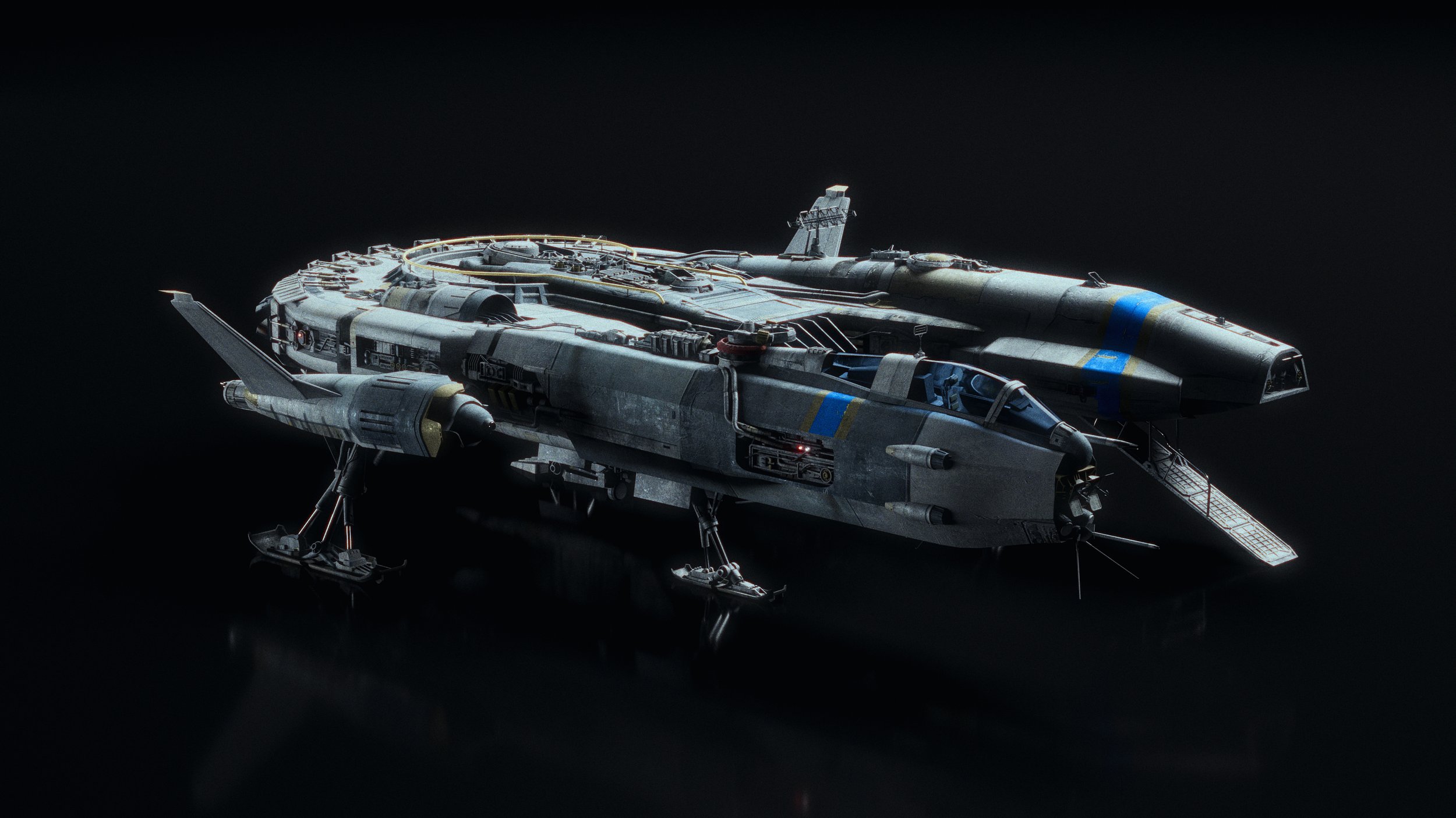 the image showcases a detailed 3d rendering of a futuristic spaceship against a stark black backdrop. the vessel is predominantly grey with accents of blue, exhibiting a worn and weathered aesthetic. its design blends retro and futuristic elements, featuring a distinct cockpit, visible engines, and detailed landing gear. the spaceship appears to be a multipart design, with a larger main body and a smaller, attached section. the background is dark, which emphasizes the intricacy of the spaceship's details and texture. the overall mood is dark and atmospheric, suggestive of a science fiction setting.