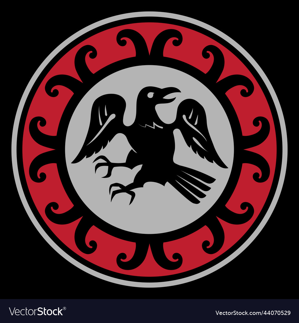 a black raven centered inside a gray circle surrounded by a red boarder. the border is decorate with a repeating black pattern. the raven has its wings spread with legs outstretched.
