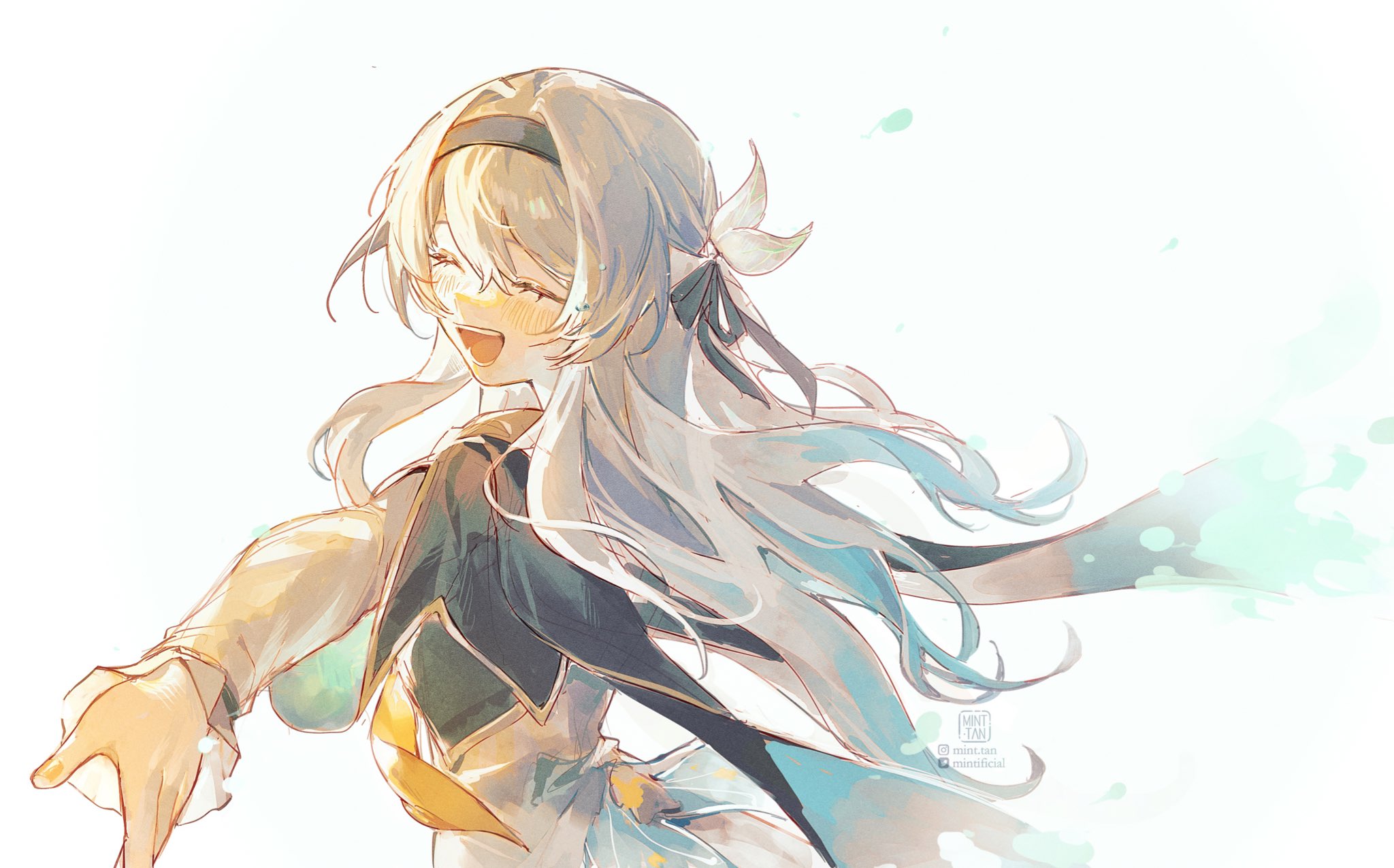 this is a beautiful digital illustration of a young anime girl with long white hair and blue eyes. she is smiling brightly, as if she is happy and cheerful. her hair is flowing in the wind, and she is surrounded by a magical, whimsical atmosphere. the illustration is full of color and detail, and it creates a sense of joy and wonder.