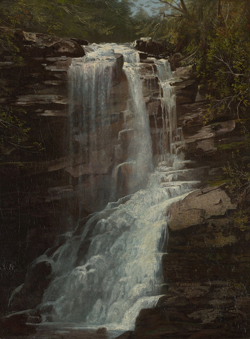 the image is a painting of a waterfall cascading down a rocky cliff, surrounded by lush forest and trees. the water is depicted in shades of white and blue, creating a sense of movement and energy. the rocks are brown and gray, with moss and vegetation growing on them. the trees are green and brown, with leaves in various shades of green. the overall scene is serene and natural, capturing the beauty of the wilderness.
