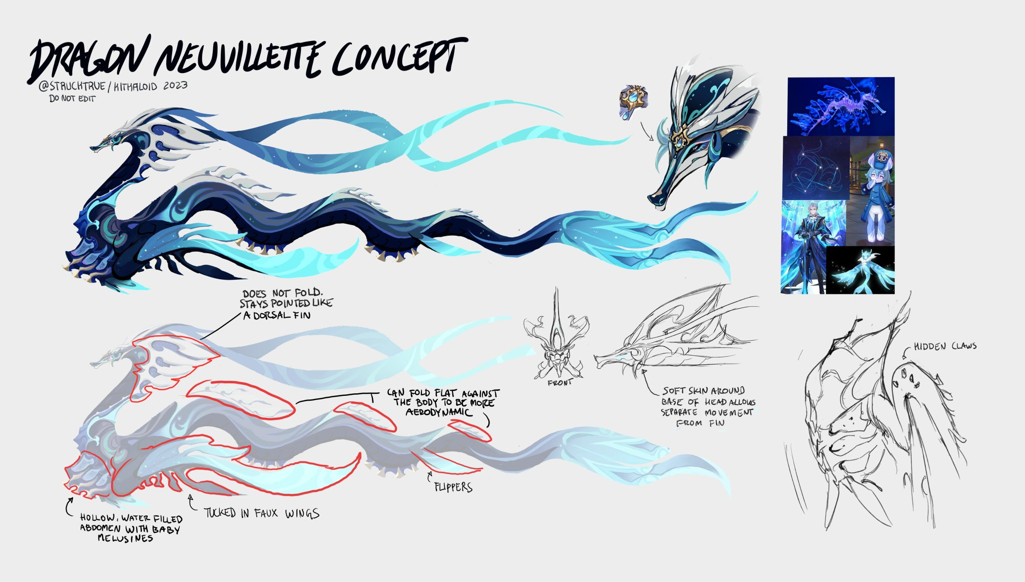 a digital sketch page showcases a dragon creature design, labeled "dragon neuvillette concept."  the dragon has a serpentine body with flowing fins and a detailed head reminiscent of traditional asian dragon depictions. annotations describe elements like the "soft skin" and "hollow" body sections.  additional sketches explore wing positions, head angles, and potential color patterns.