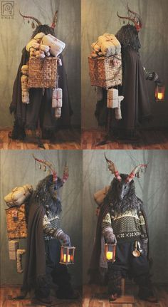 the image shows four different angles of a person dressed as krampus, a horned, anthropomorphic figure in alpine folklore associated with punishing misbehaving children during the christmas season. the krampus figure is wearing a dark, shaggy fur costume, horns, and carrying a lantern. in some shots, the figure has a woven backpack filled with what appears to be a sack of gifts. the costume also includes a cape, and in some of the photos, a sweater is visible. the overall impression is of a menacing yet intriguing character from winter holiday traditions.