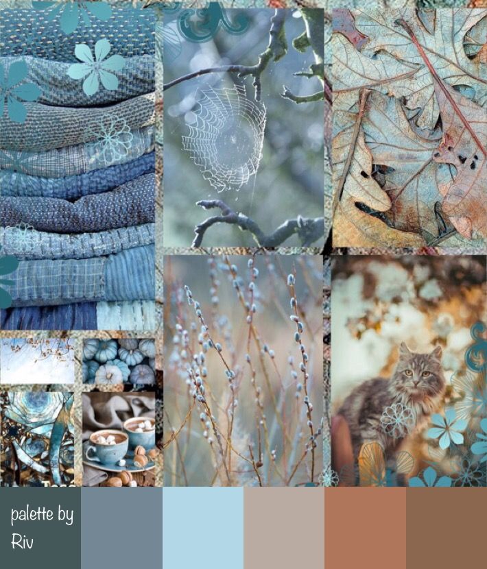 a digital collage of various textures and patterns in blue, gray, and brown tones. the collage includes images of nature such as leaves, branches, and flowers, as well as a cat and a cozy winter scene. the overall effect is vintage and rustic.