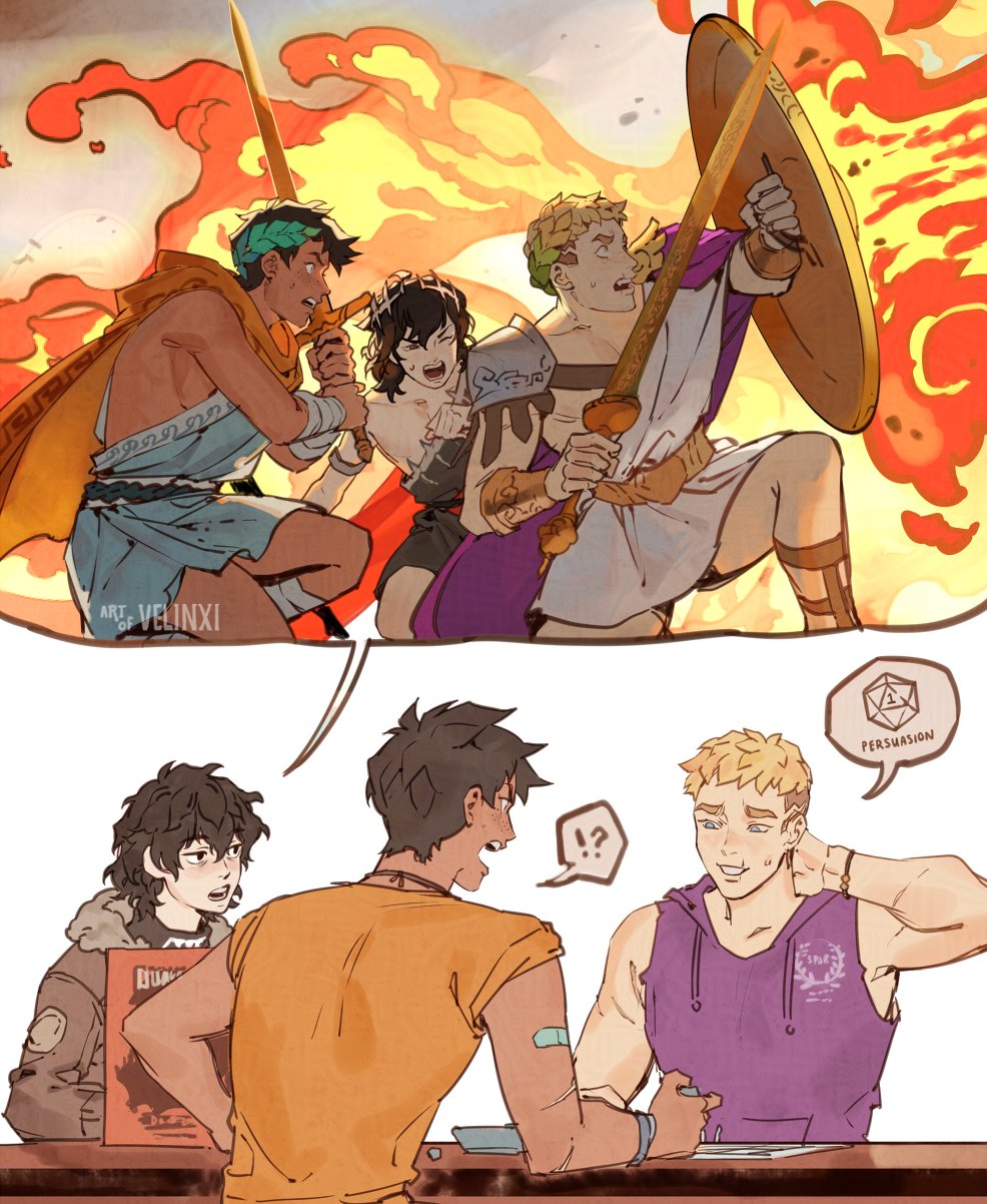 the image is a comicstyle fanart of the "percy jackson" book series, featuring characters percy jackson, nico di angelo, will solace, and jason grace. the top panel depicts the characters in a fantasy scenario resembling ancient greece or the roman empire, with swords, shields, and fire in the background. the bottom panel shows them playing a tabletop roleplaying game, possibly dungeons and dragons. will solace is attempting a "persuasion" skill check. percy and nico are looking at will with mixed reactions, with percy showing a surprise expression.