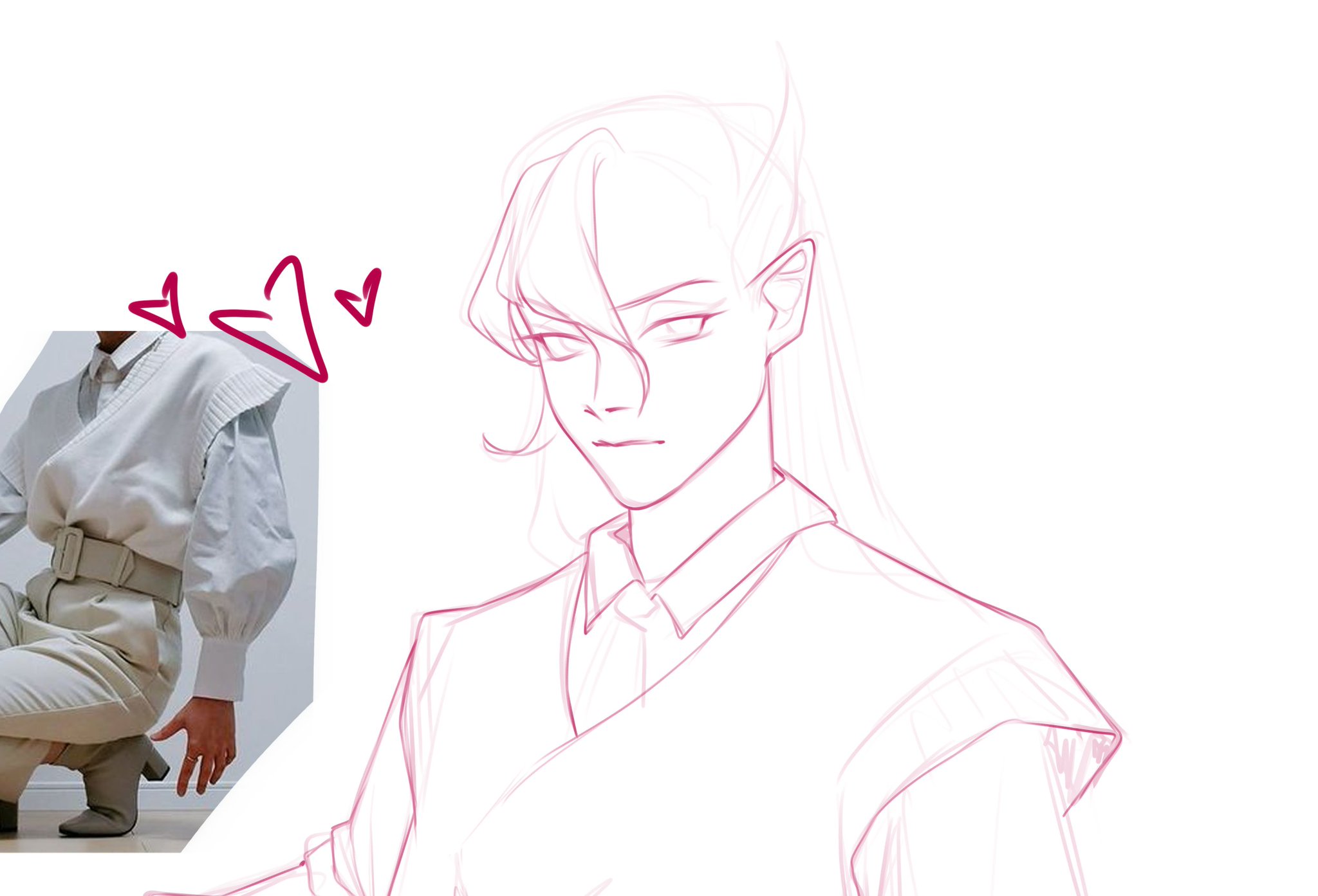 this image features a digital art sketch of a woman with a pink outline on a white background. the woman is in a thoughtful pose and dressed in a chic, modern fashion outfit. the art style is in the anime and manga style. the sketch is simple and elegant.