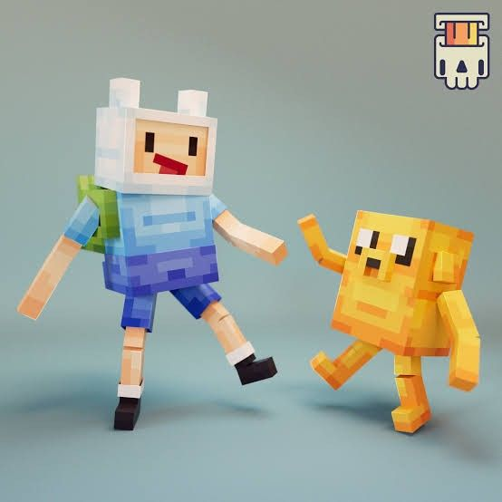 a 3d model of finn the human and jake the dog from the animated series adventure time in a minecraft pixel art style. finn and jake are posed in a dynamic stance, as if they are walking and waving. the background is a solid light blue color. the image is lit with soft lighting.