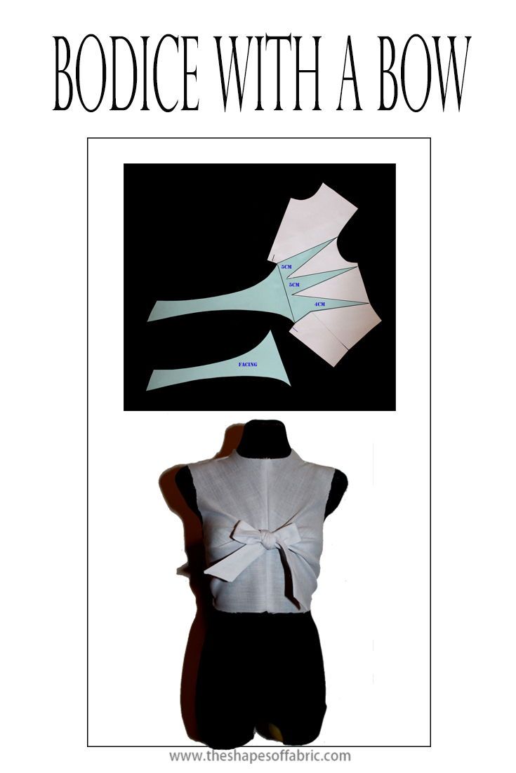 the image shows a sewing pattern for a bodice with a bow. the top half of the image shows the pattern pieces laid out on a black background. the bottom half of the image shows the finished bodice on a mannequin with a bow tied in the front. the website address "www.theshapesoffabric.com" is at the bottom of the image.