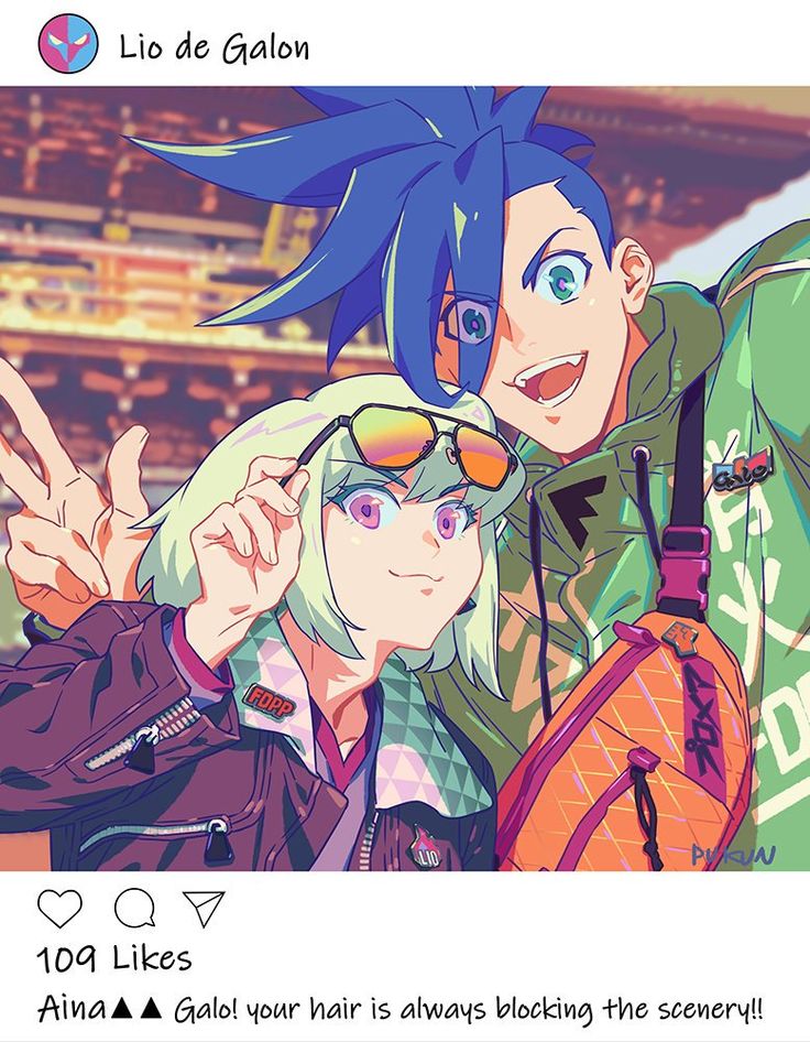 vibrant digital fanart depicting galō and aina from the anime promare.  galō, with his signature blue hair, is playfully positioned behind aina, whose limegreen hair is partially obscured by his own. aina wears sunglasses and is slightly smiling. both characters are styled in modern, colorful outfits. the background suggests a japanese setting, and the image has a playful, lighthearted atmosphere. a caption at the bottom reads "aina ▲▲ galo! your hair is always blocking the scenery!!" indicating a lighthearted dynamic between the characters. the artist's name, "lio de galon," is displayed at the top.  the post also shows the number of likes it received on a social media platform.