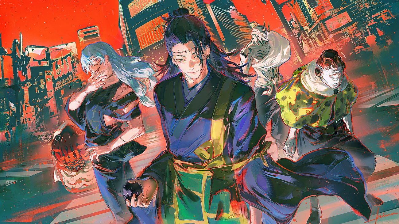 the image is a vibrant digital painting or illustration featuring four animestyle characters in a dynamic group pose. the art style is expressive and stylized, with bold colors and dramatic lighting. the characters are distinct in appearance, each with unique clothing and features.  the setting appears to be a futuristic or dystopian city with a decaying urban landscape, dominated by red and orange tones. the overall mood is intense and mysterious. the characters seem powerful and possibly involved in some kind of action or conflict.  the level of detail is impressive, suggesting digital painting techniques were used to achieve this textured and vibrant effect.