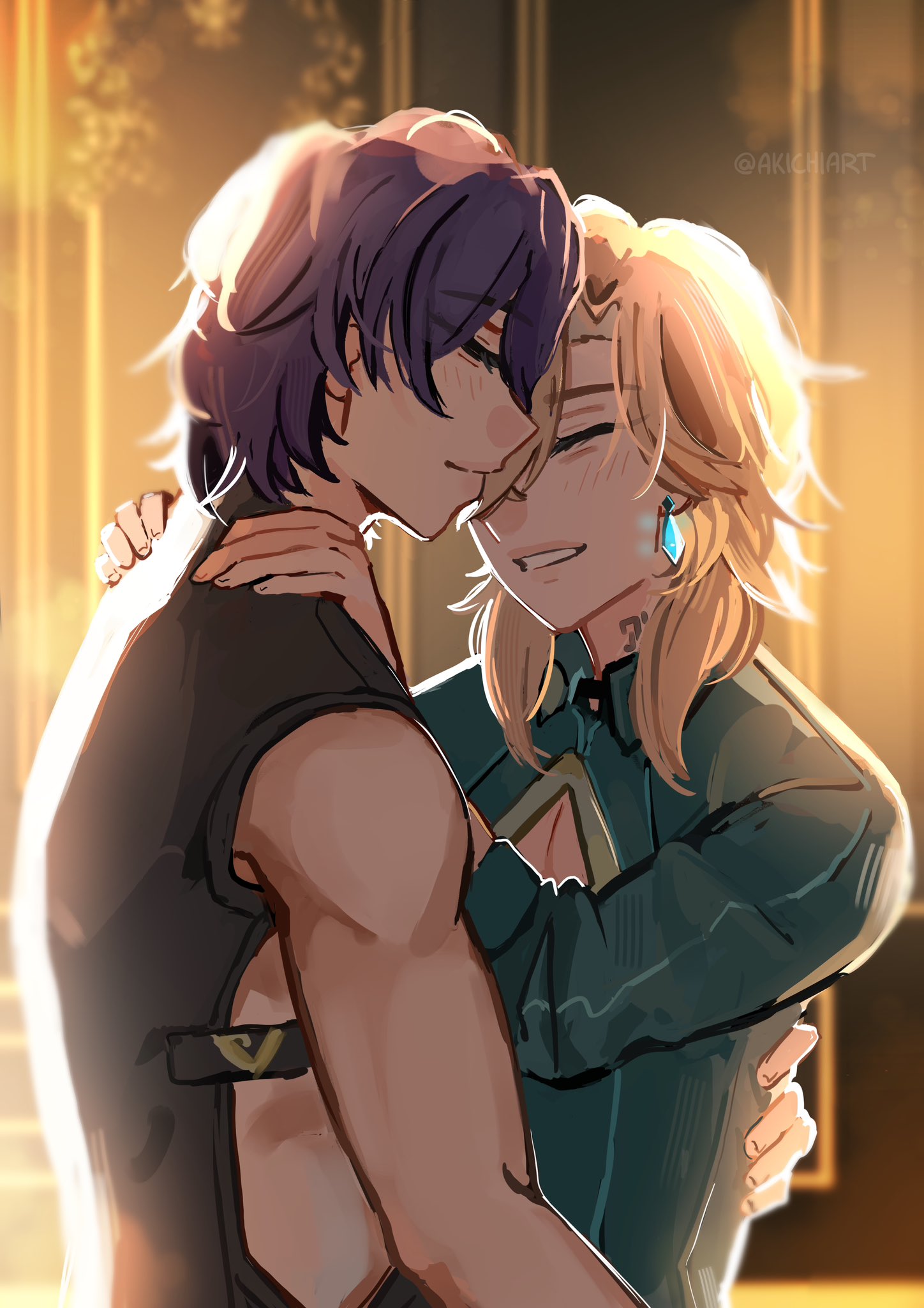 the image shows a male and female anime character hugging each other. the male has short purple hair, and the female has long blonde hair. they are both smiling and looking at each other. the male is wearing a black sleeveless shirt, and the female is wearing a blue jacket.  the background is blurry and has a warm, yellow tone, giving the image a romantic feel.