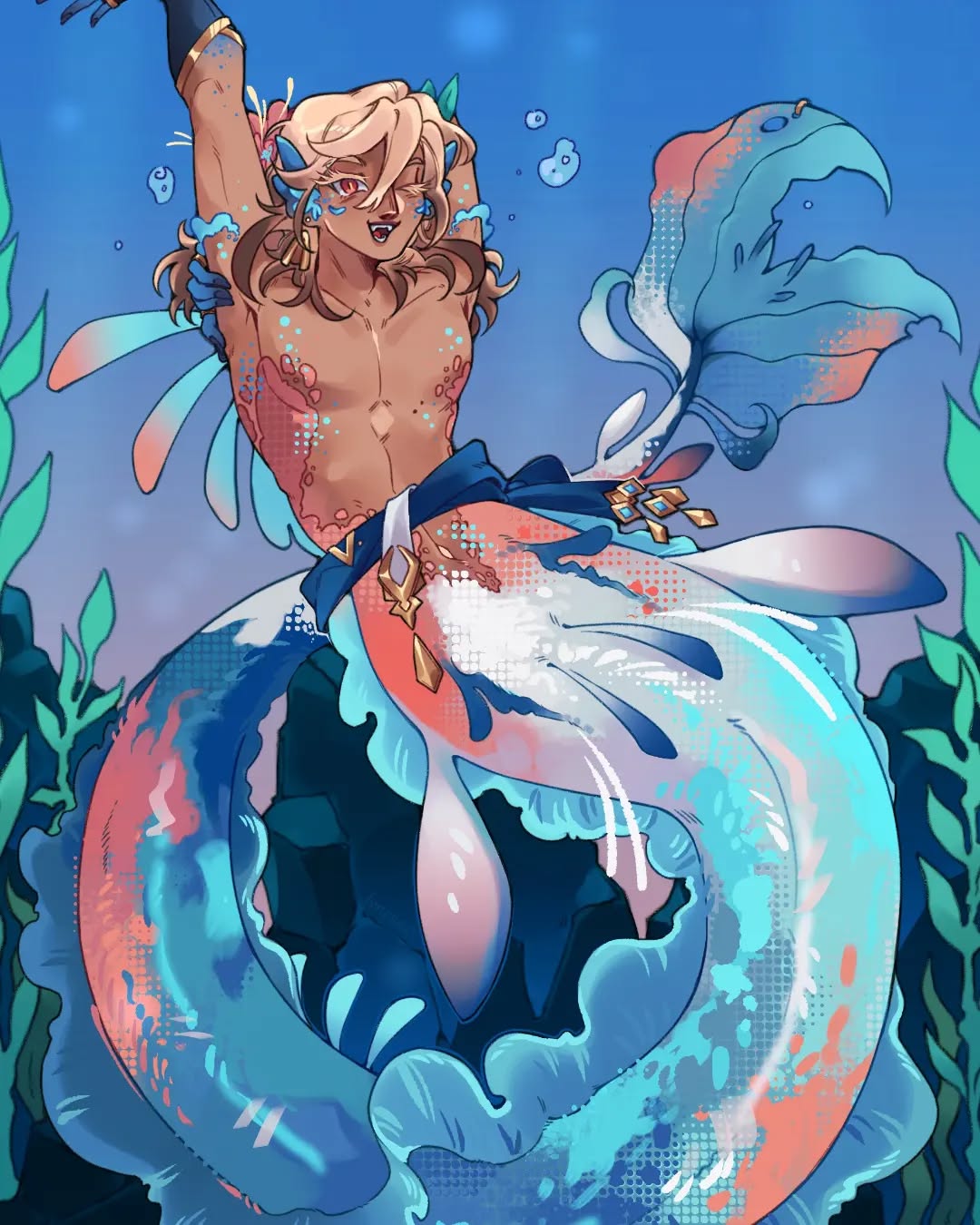 a drawing of a merman with blonde hair and tan skin, adorned with jewelry, is set in an underwater scene with seaweed. the merman has a large, colorful fish tail and is winking with one red eye.