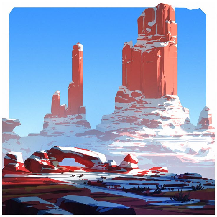 a stylized painting or illustration of a desert landscape featuring red rock formations covered in snow. the scene depicts canyon country with prominent buttes and mesas under a clear blue sky. in the foreground, there are arches and other rocky features also dusted with snow. the overall style is painterly and uses bright colors.