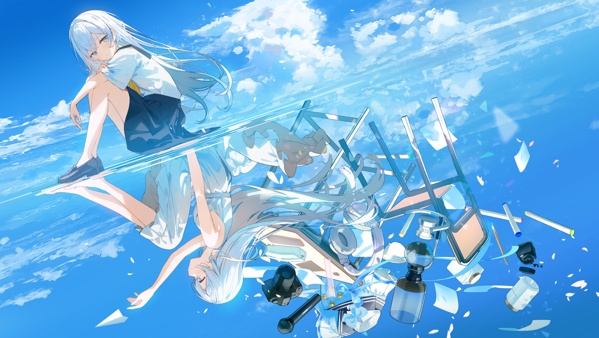 the image is an animestyle illustration featuring a girl with white hair and blue eyes wearing a school uniform. she is sitting on a reflective surface with clouds and blue sky in the background. below her, there is a reflection of her in a white dress with a similar pose. scattered around her are various objects like chairs, pens, pencils, a camera, an ink bottle, and paper, all seemingly floating or falling in the blue sky. the entire scene has a dreamy, surreal quality, with the perspective making it seem like she is floating in the sky.