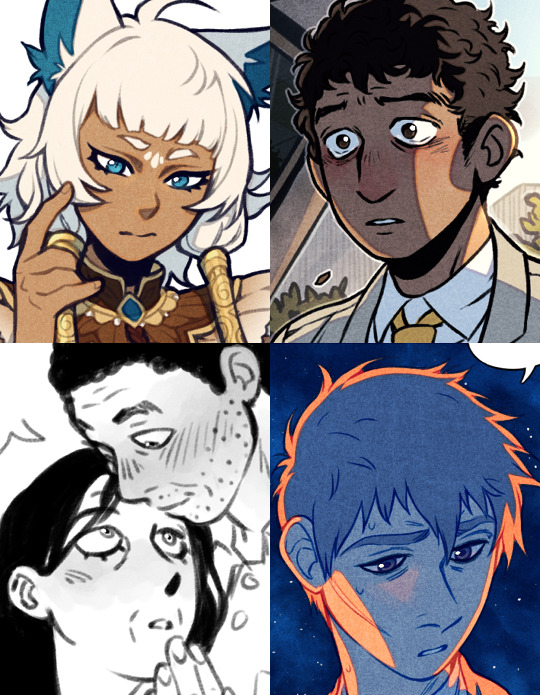the image is a fourpanel grid of different illustrations, each depicting different people with varying emotions of nervousness, love, and shyness. the first panel is a portrait of a woman with white hair and blue eyes. the second panel is a portrait of a man with short brown hair and brown eyes. the third panel is an illustration of an older man and younger woman embracing, with blush on their cheeks. the fourth panel is an illustration of a young man with short black hair and blue eyes, set against a starry background.