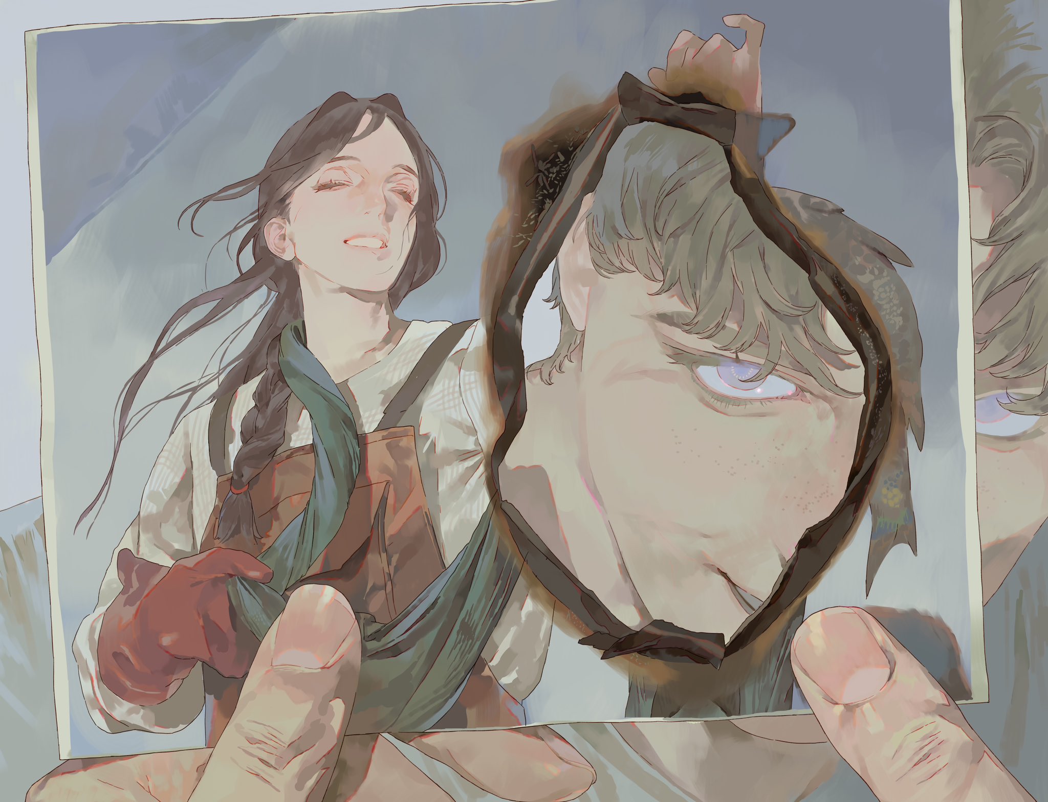an illustration of a person holding a photo of a woman with long brown hair in a braid, wearing overalls and red gloves. the photo is partially burnt, revealing a closeup of a man's face with blue eyes and freckles. the man appears to be reflected in a second photo behind the first. the person holding the photo is also visible, with their fingers and hand shown. the overall mood is melancholic.