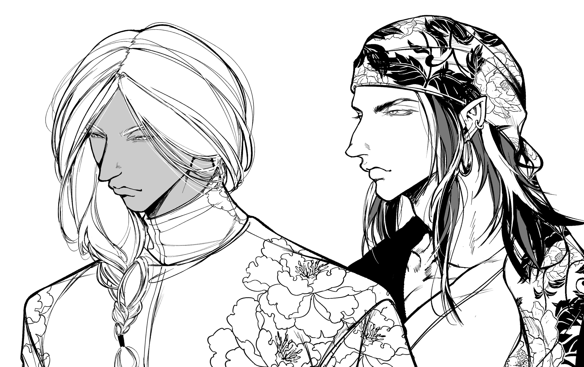 a line art illustration of two anime characters, one with long white hair, a flower pattern on their clothing, and the other with long dark hair, a headband, and a flower pattern on their clothing. they are both looking away from the viewer. the line art is very detailed and the characters have a serious expression on their faces.