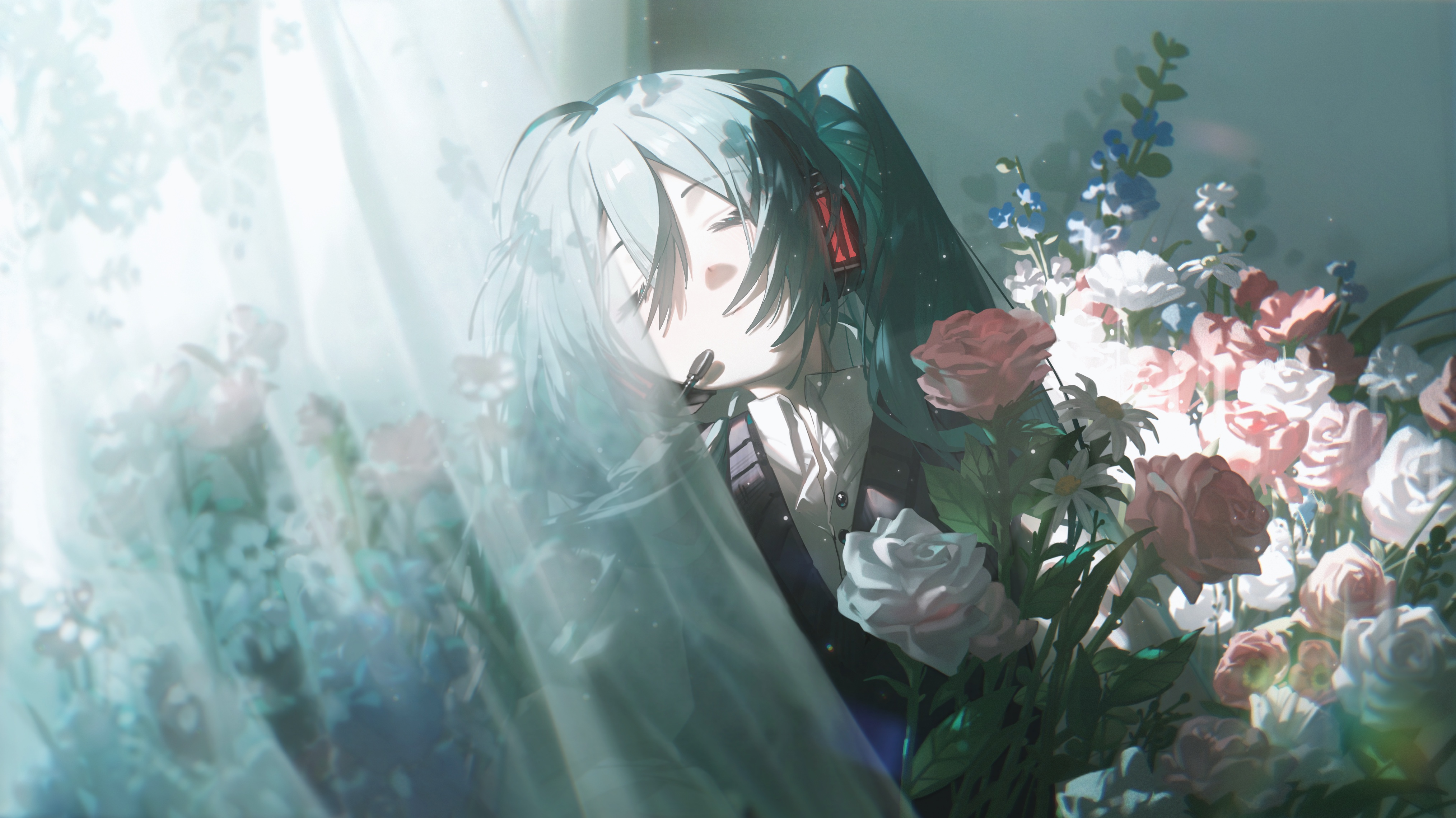 the image features an animestyle illustration of hatsune miku, with her signature teal hair, eyes closed, in a pensive or dreamy state. she is surrounded by a bouquet of various flowers, prominently roses, in shades of red, white, and pink. soft light streams in, possibly from a window, adding to the overall ethereal and serene atmosphere of the artwork.