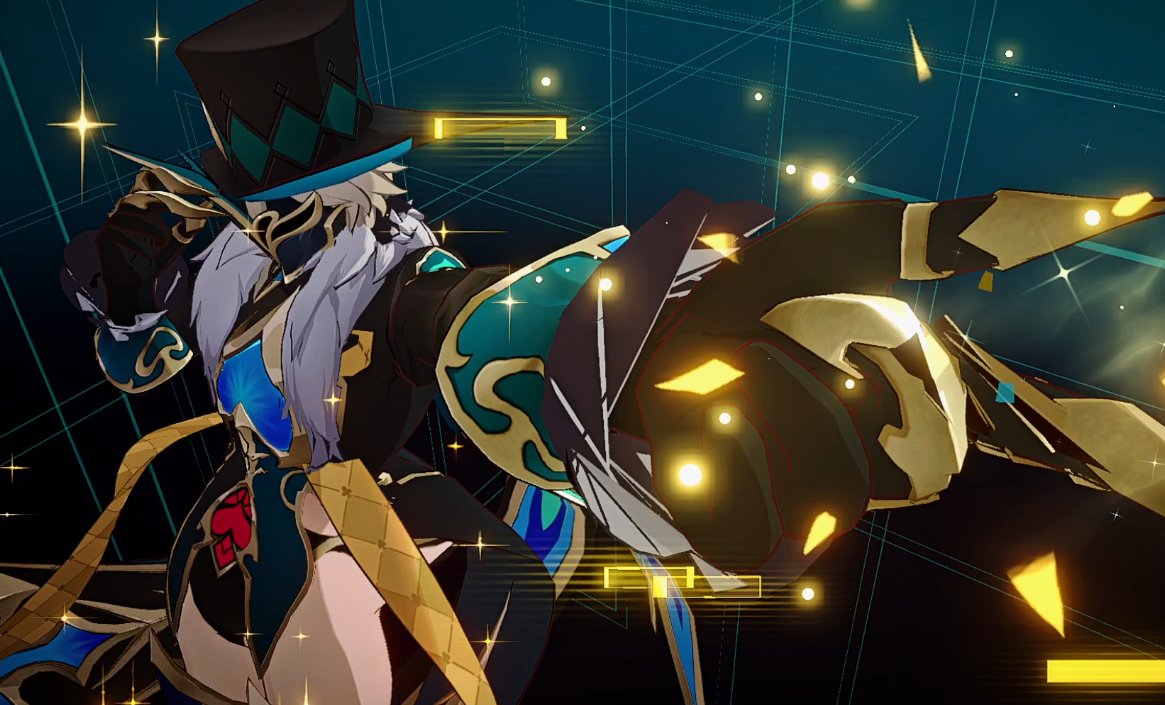 a male anime character in a black and gold outfit and a top hat, in the middle of a fight. he is shown with a sword attacking, and there are many colorful glowing lines and lights in the background, creating a dynamic action scene. the character is designed in a detailed style with a mixture of realistic and anime elements.