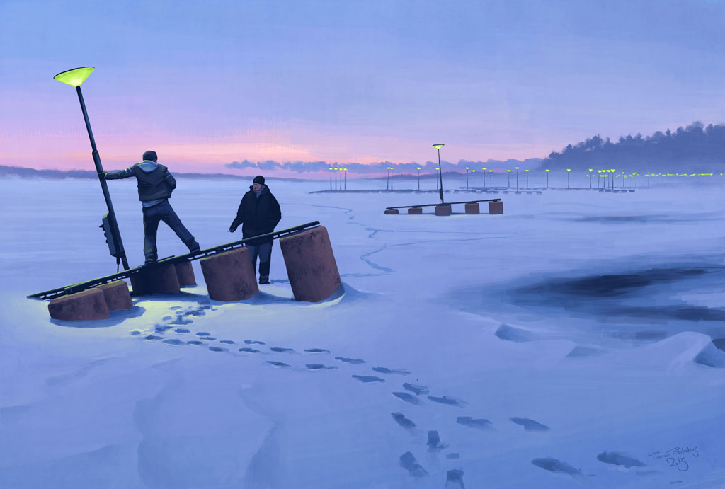 this is a digital painting that depicts a winter scene with two men walking on a frozen lake with a wooden pier and a street light, there are footprints leading in the snow, there are more street lights in the background along the edge of the lake, and the sky is blue and pink. the overall tone of the image is serene and peaceful.