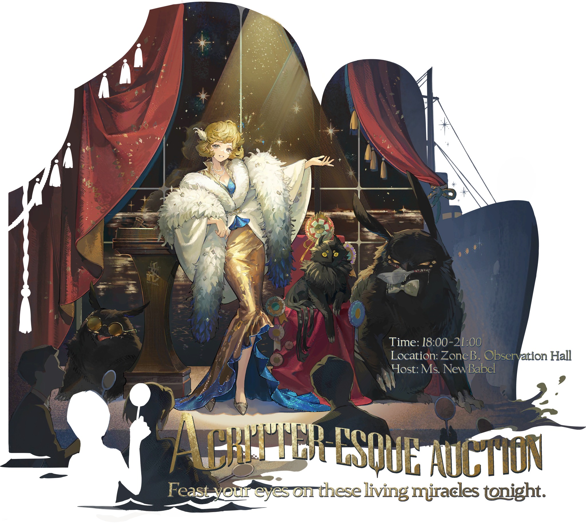 he image is a stylized illustration advertising a "critteresque auction." the main focus is a glamorous woman in a gold gown and white fur stole, standing on a stage with several animals.  there are two black cats (one appearing to be a bunnylike creature) and what looks like a black rabbit or similar creature, all seemingly poised for an auction. the background suggests a luxurious setting, possibly on a ship, complete with dark red curtains and a starry night view visible through a large window.  the overall style is reminiscent of vintage art deco or art nouveau with a fantastical twist. the text provides details of the event's time, location, and host.