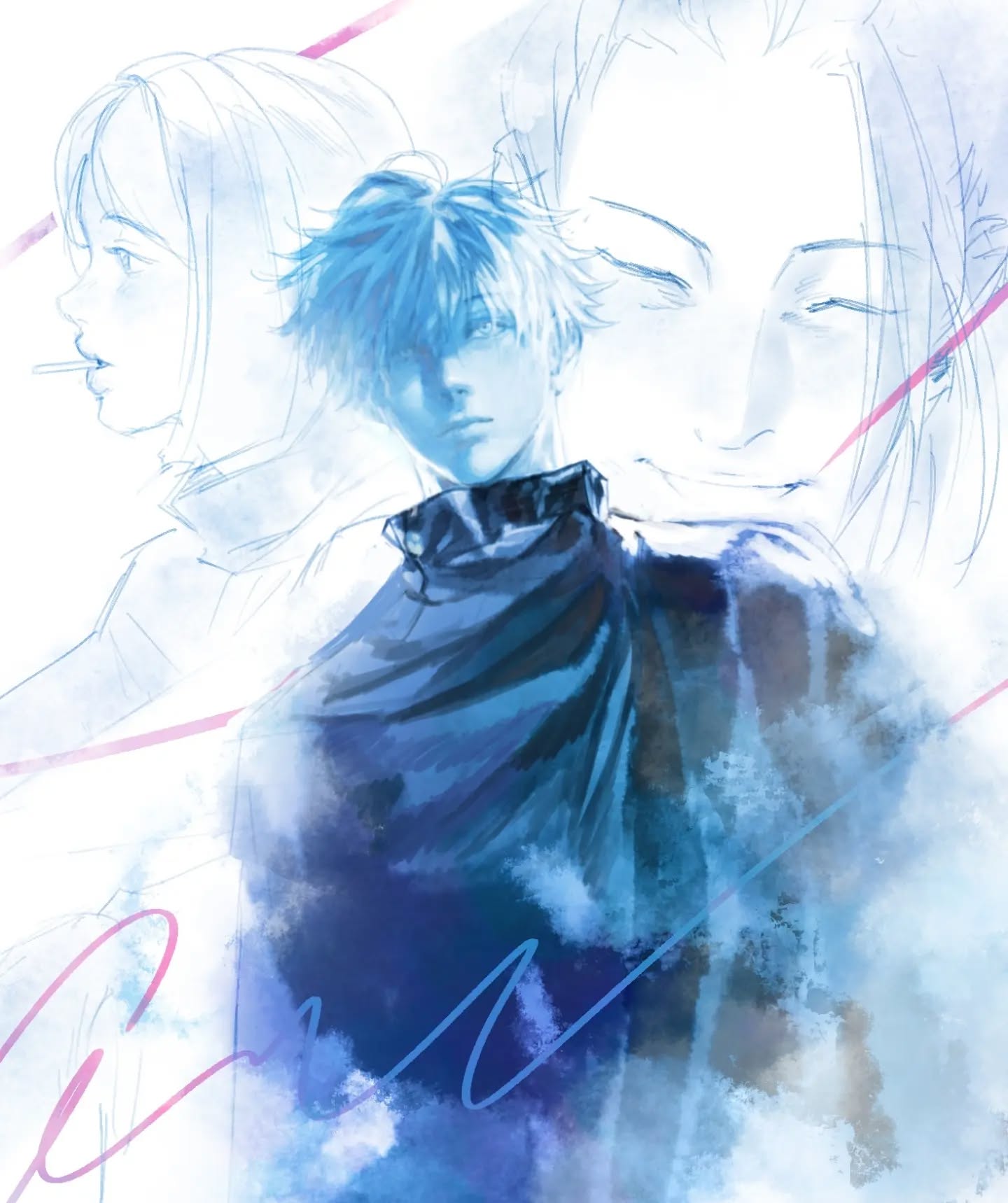 the image is a stunning piece of digital artwork in a dreamy, ethereal style. it depicts a young man with short, blueishgray hair, wearing a dark capelike garment. he's positioned centrally, appearing pensive and thoughtful. behind him, in a semitransparent, almost ghostly manner, are two figures: a young woman with long hair, and a slightly older, androgynous figure. these background figures seem to blend into the overall ethereal atmosphere of the illustration, which is predominantly rendered in shades of blue and white, suggestive of watercolor painting. the style is highly stylized, with soft lines and blending creating a sense of depth and movement. there's a subtle sense of romance or a complex relationship between the three figures, conveyed through their positioning and the artwork's overall mood. the background is abstract and suggestive, adding to the mysterious and introspective nature of the piece.  the artist's signature or a stylized title appears in a pale blue in the bottom left corner, adding to the work's artistic impression.