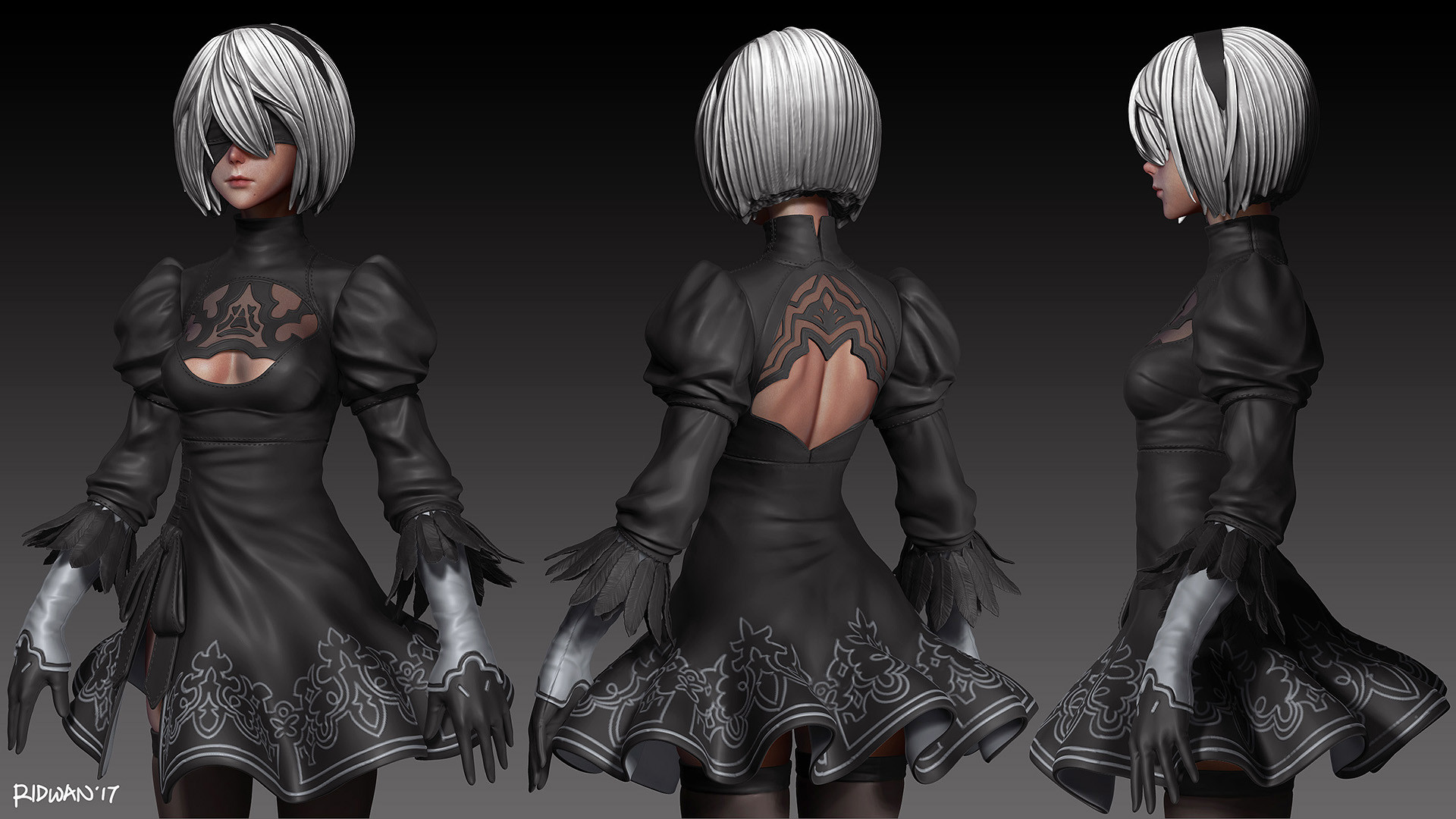 the image presents a highquality 3d model of 2b, the iconic character from the video game nier: automata.  the model is displayed in a turnaround showcasing three views: front, back, and side profile. 2b is depicted wearing her signature black dress with its distinctive design elements and gloves. the model is highly detailed, showing realistic texturing and rendering. the overall style is animeinfluenced, with stylized features while maintaining a degree of realism. the dark background further emphasizes the character model.  the image likely serves as a model sheet, demonstrating the character's design from multiple angles.