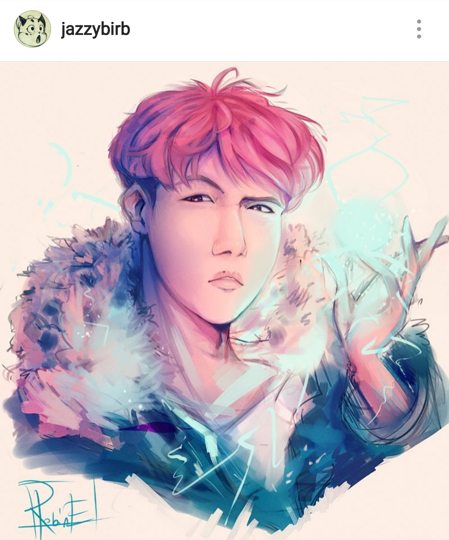 a digital drawing portrait of a male character with pink hair. the character is wearing a furlined garment, and their hand is emitting a bright light with electric sparks. the drawing is signed "robeet!" and appears to be an instagram post by "jazzybirb".