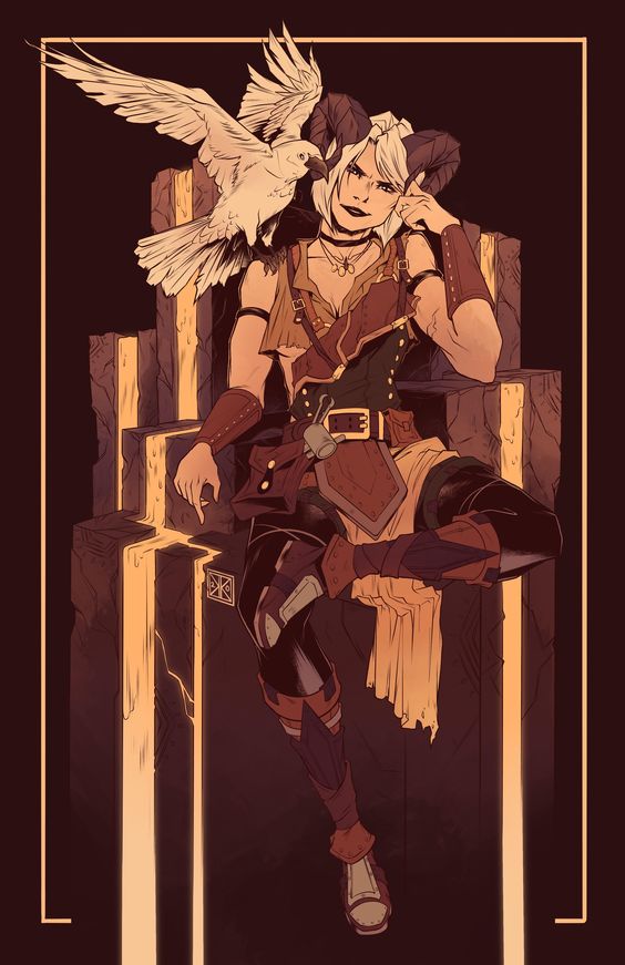 a confidentlooking tiefling woman with white hair and horns is sitting upon a throne made of dark stone and glowing gold. she has one hand placed thoughtfully under her chin and the other resting on the arm of the throne. her outfit is a combination of dark brown leather and reddish fabric, suggesting an adventurer or roguelike character. a white bird, perhaps a falcon, perches on the back of the throne behind her with its wings outstretched. the background is a dark, warm brown, making the figure and the throne's golden accents pop forward.