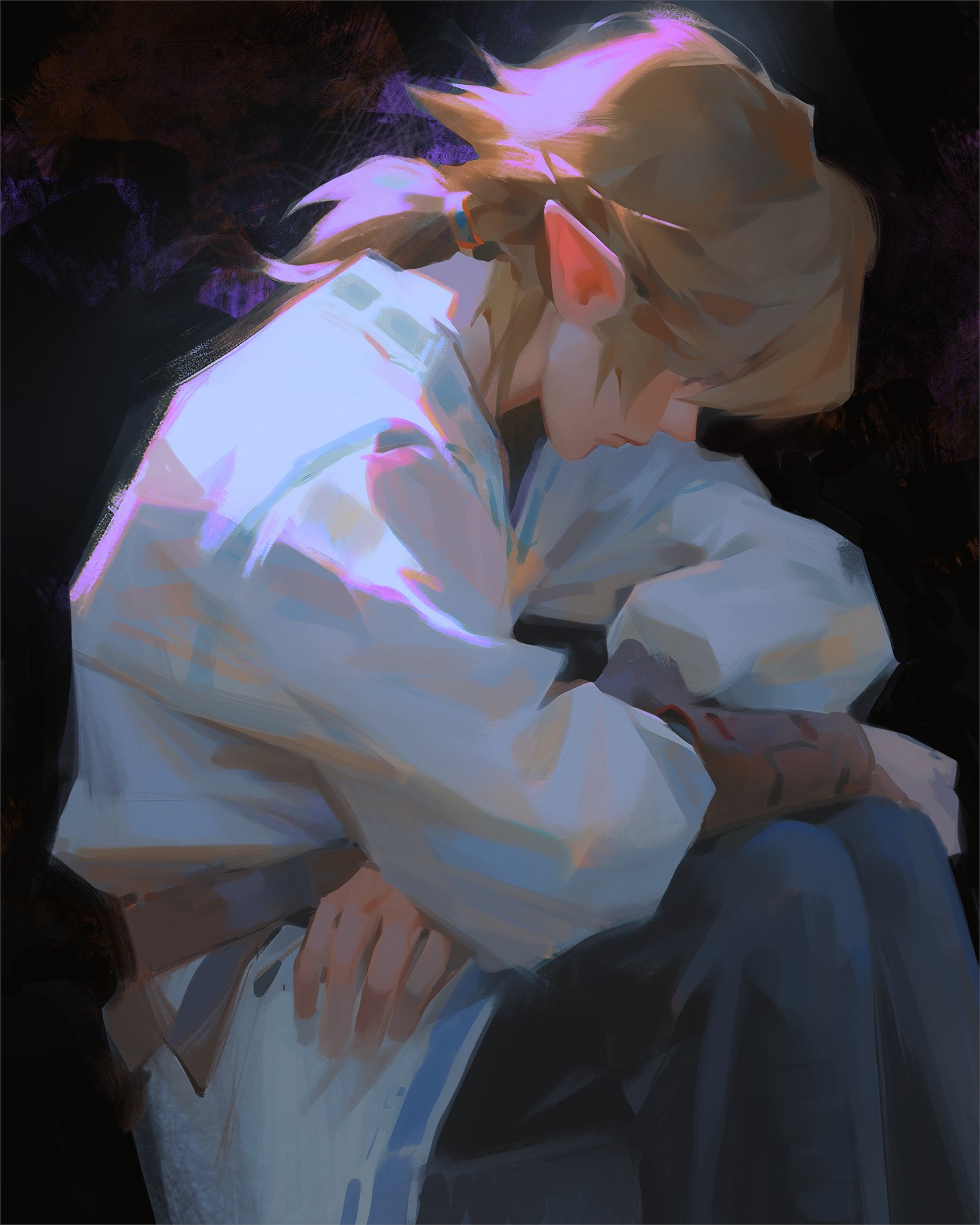 a digital art illustration of a sadlooking elf, looking down with his head resting on his arm. he is wearing a white hooded cloak. the art style is mostly made of digital painting and there are bright colors and soft light. the image has a dark background.