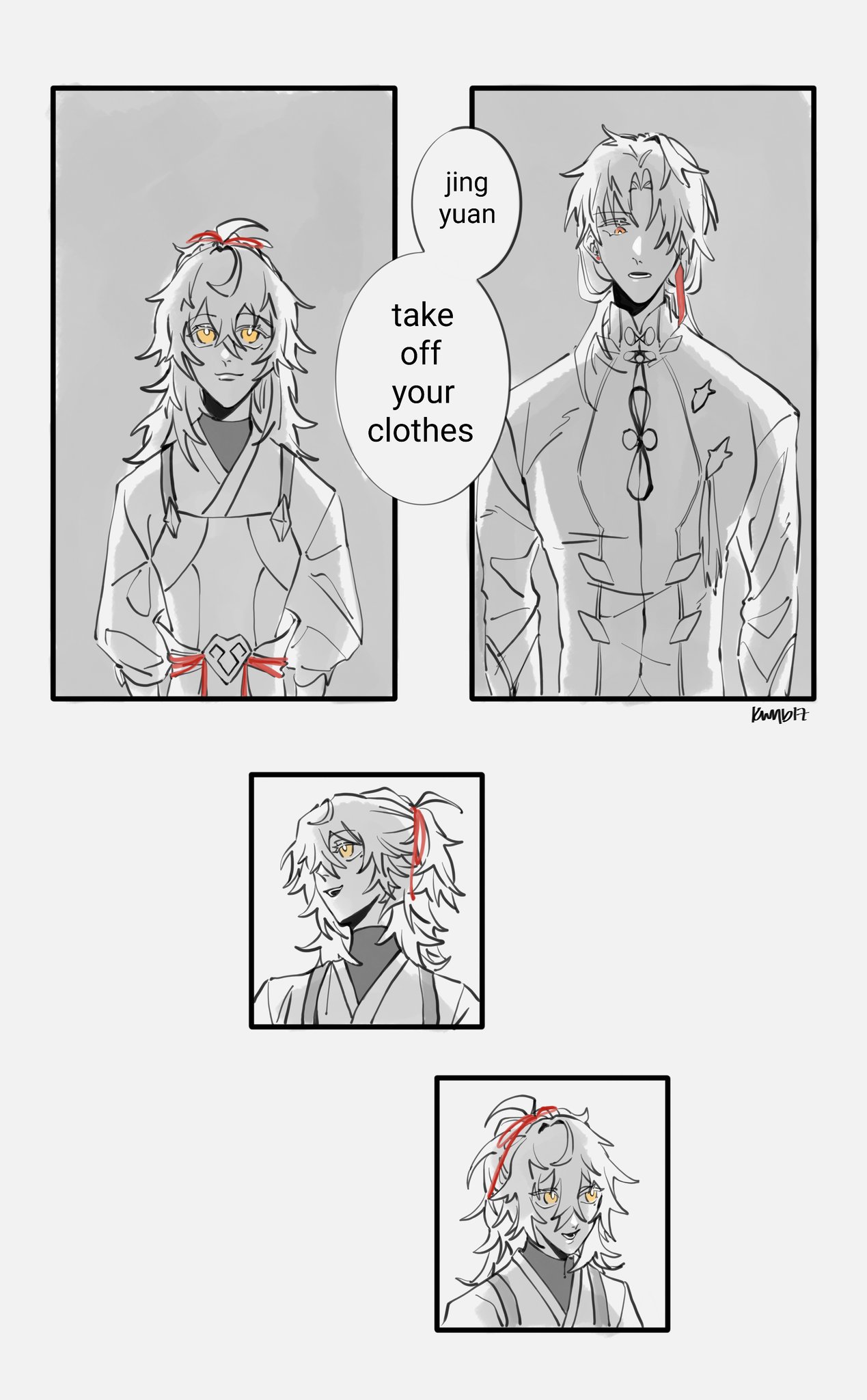 the image shows a comic strip with 4 panels in total. there are three characters in the comic. the first panel shows a boy in a white longsleeved top, a red belt, and black pants. the second panel shows another boy in a white longsleeved shirt, a black and red scarf, and black pants. the second boy has the speech bubble with the text "jing yuan" and "take off your clothes". the third and fourth panels show the first boy from the first panel. in the third panel, the boy is shown from the chest up while in the fourth panel the boy is shown from the waist up. in the fourth panel, the boy has a red ribbon in his hair and is facing towards the right side. the comic has a black and white theme with red elements.