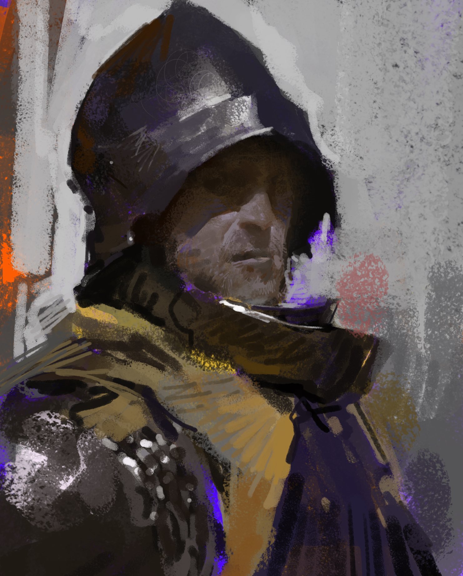 a painting of a knight wearing a dark helmet and armor. his face is visible beneath the helmet, and he is looking off to the side. the painting is done in a painterly style and has a dark, moody feel.