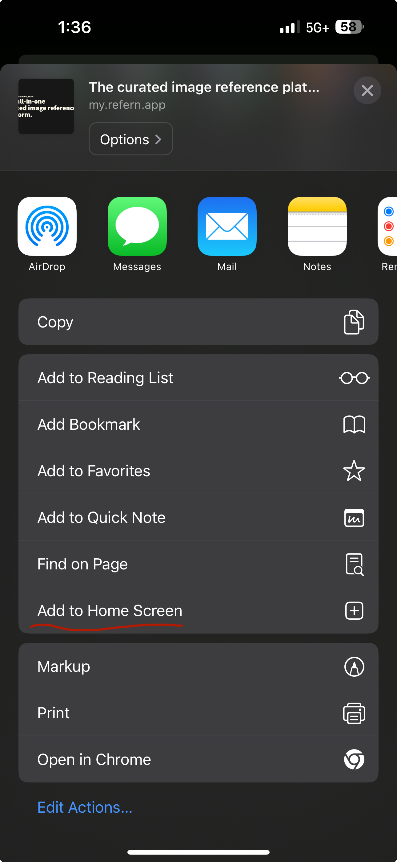 an iphone screenshot showing the share sheet, which is displayed when a user taps on the share button within a webpage. the share sheet contains a list of options, including: add to reading list, bookmark, add to favorites, add to quick note, find on page, add to home screen, markup, print, open in chrome, and edit actions.