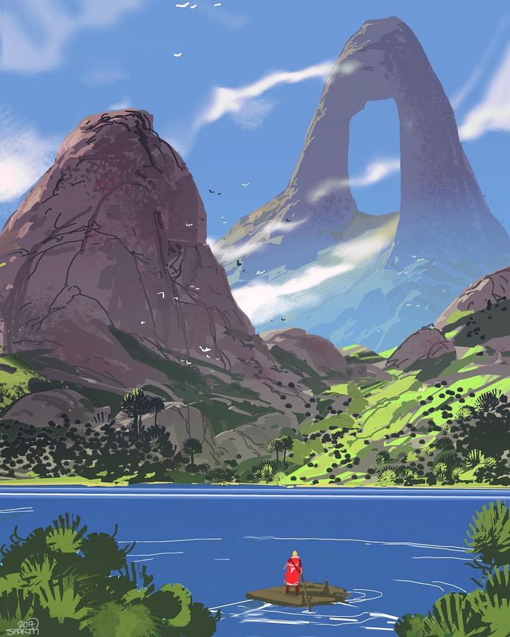 the image is a stylized landscape illustration featuring a calm lake in the foreground, with a small raft and a figure clad in red standing on it. lush green vegetation and trees surround the lake's edge. in the background, there is a mountain range with one distinct mountain featuring a natural arch. the sky is blue with scattered white clouds. birds are flying in the sky. the overall style of the image is reminiscent of a painted or digitally drawn artwork.