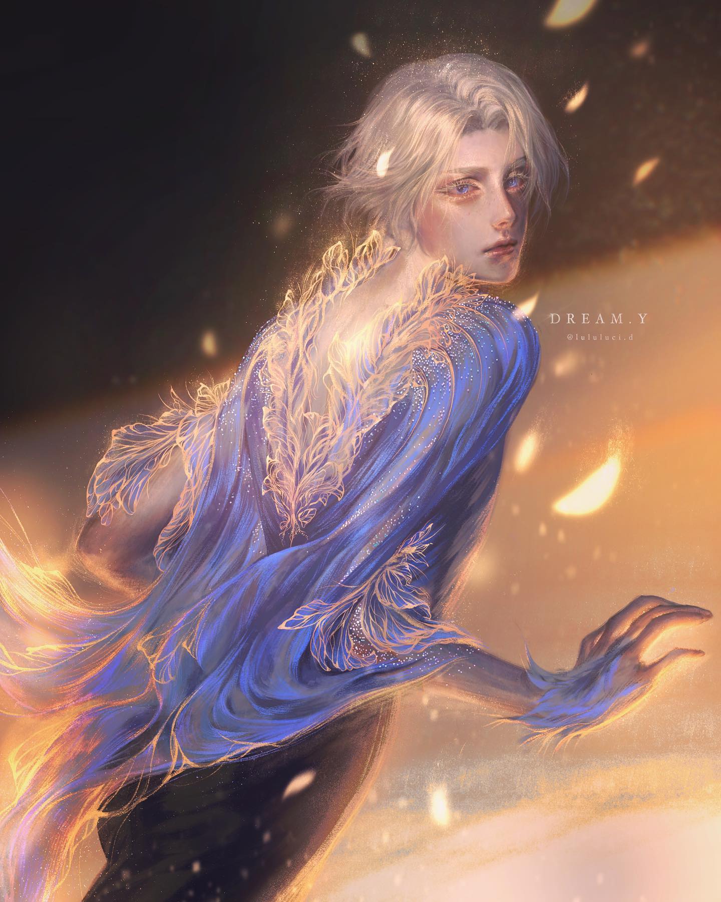 the image shows a male figure skater in midperformance. he is wearing a stunning blue and gold costume that flows behind him as he moves. the lighting is dramatic, with a spotlight highlighting the skater and creating a sense of movement and energy. the background is dark, which helps to focus the viewer's attention on the skater. the overall impression is one of grace, elegance, and athleticism.