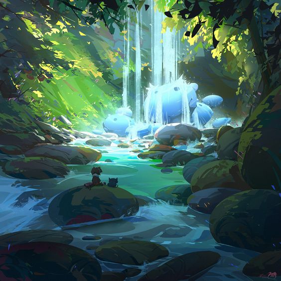 wo small figures, one with red hair and the other a silhouette, sit on a rock beside a flowing river. they gaze upon a breathtaking scene: a waterfall cascades into a pool where several large, fluffy, blue, cloudlike creatures rest. lush greenery and dappled sunlight create a magical and serene atmosphere.
