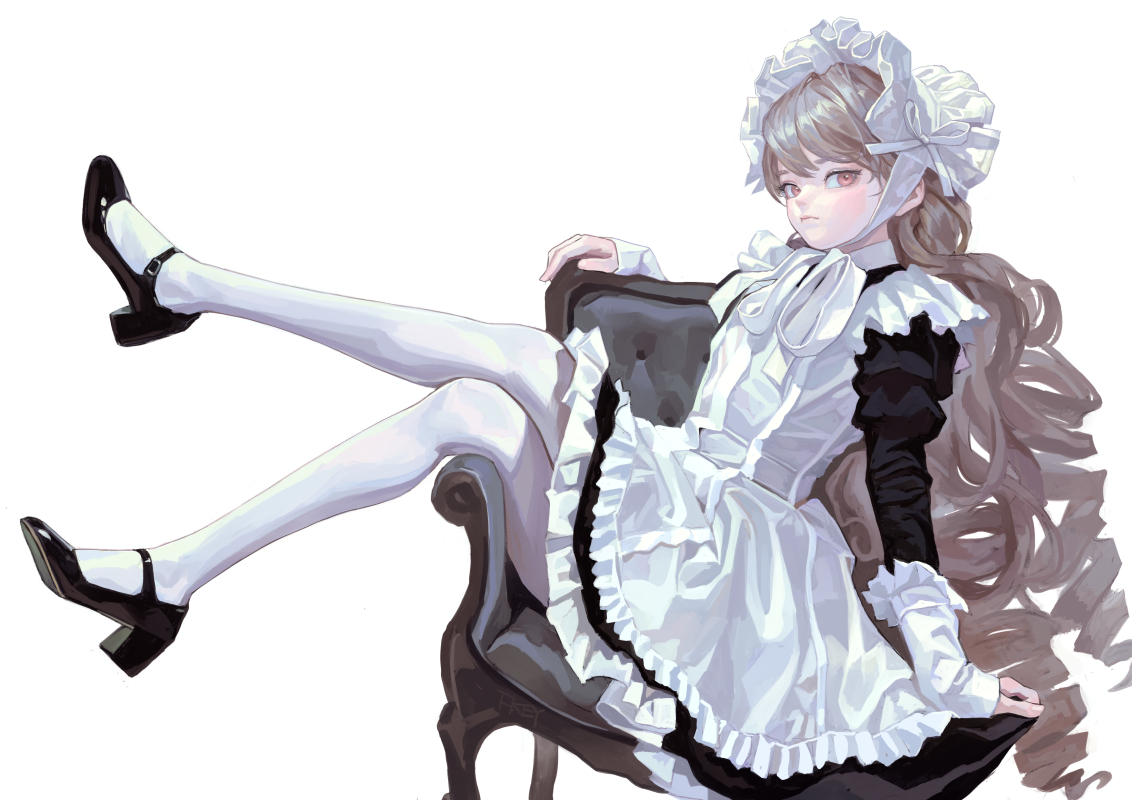 a drawing of an anime girl sitting in a black chair. she is wearing a white and black maid outfit. she has long brown hair and is wearing a frilly headpiece. she is wearing white stockings and black mary jane shoes with a strap across the top. her legs are crossed and she is looking at the viewer.