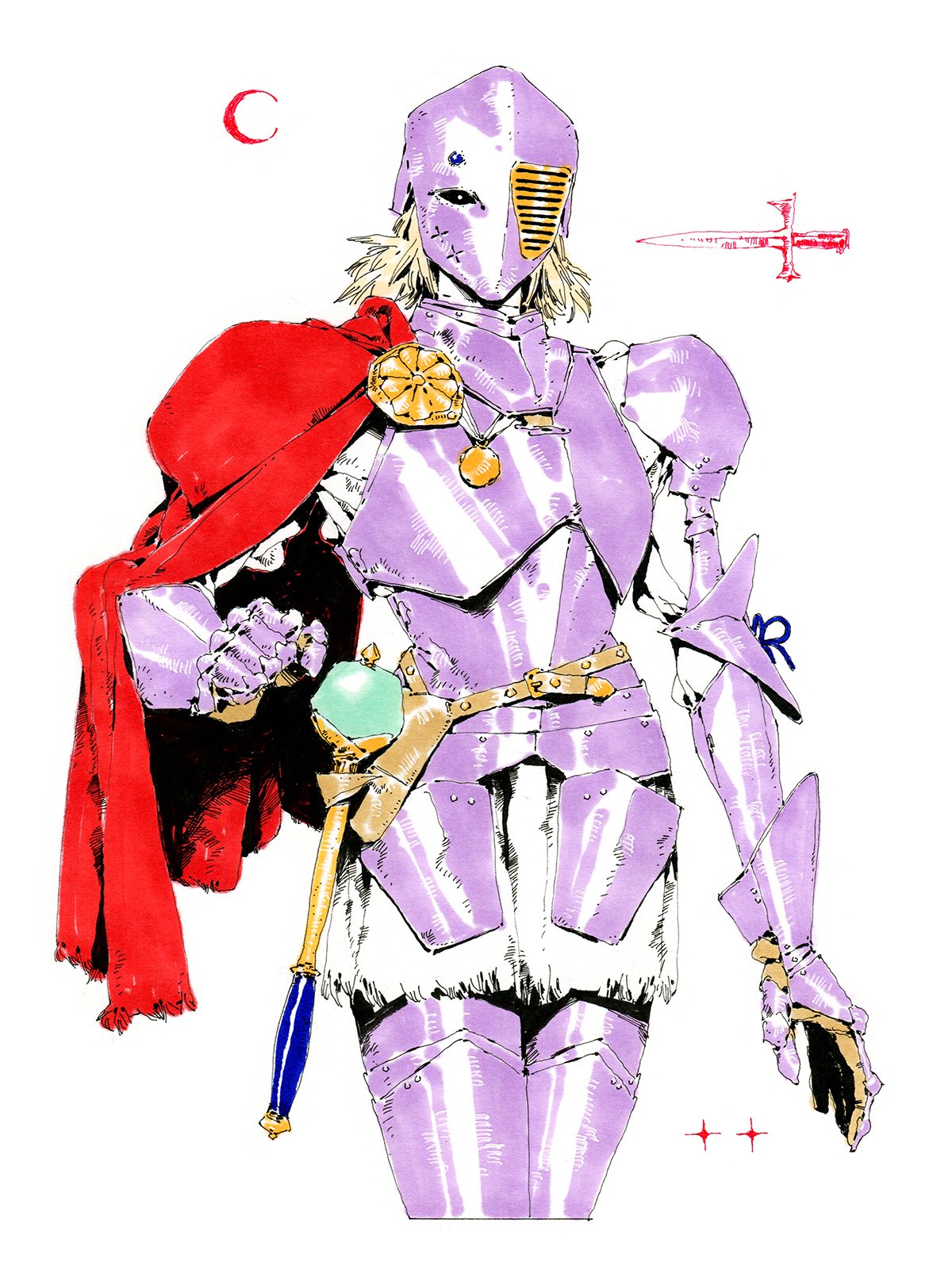 the image shows a fullbody illustration of a knight in stylized armor, likely a character design or concept art piece. the knight is clad in predominantly purple armor with gold accents, a red cape, and a helmet concealing their face. they hold a green orb in one hand and appear to have a sword sheathed at their side. the style is reminiscent of classic fantasy illustration, with bold lines and flat coloring. a white background isolates the figure, emphasizing the details of the armor and costume design.  the presence of symbols like a crescent moon and cross suggests a potential narrative or worldbuilding element.