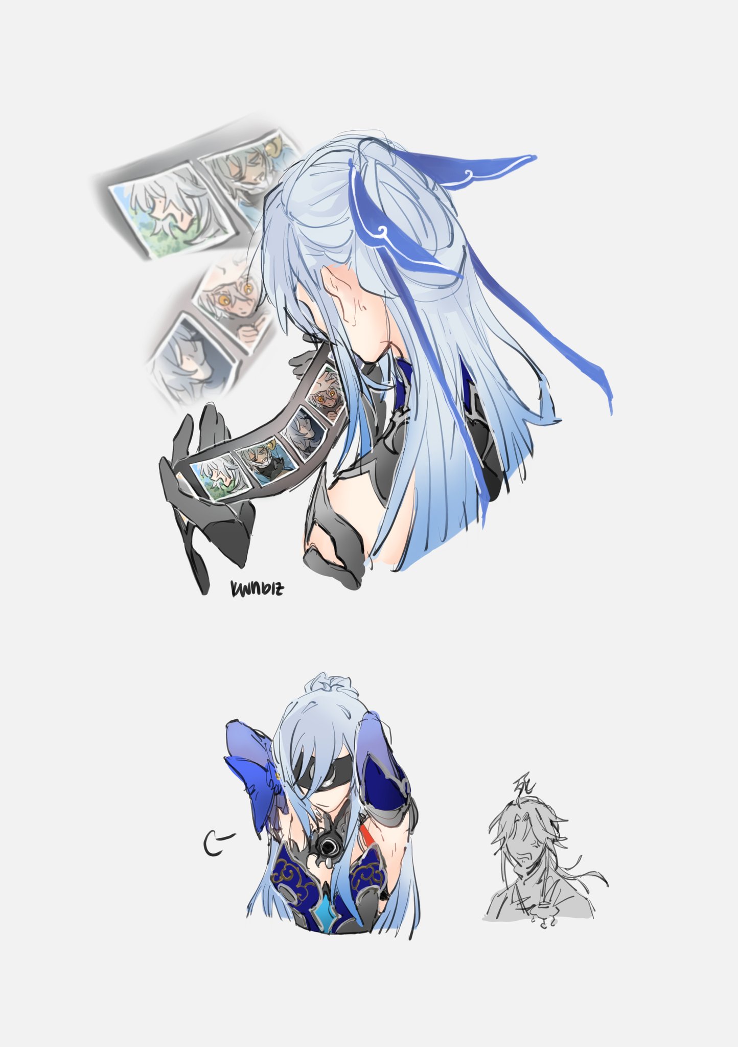 this is an animestyle illustration of yaе miko from genshin impact. she is holding an album of photos and looking sad.  she seems to be crying.