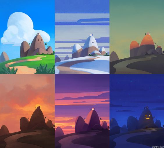 the image is a series of six panels showcasing a whimsical cartoon landscape with two mountains and a small house on top of one. each panel depicts different times of day and lighting, from a bright sunny day to a starry night. the colors are vibrant and inviting, and the overall atmosphere is one of peace and tranquility.