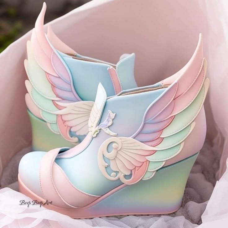 a closeup shot of a pair of whimsical wedge heel shoes in pastel colors with wing details. the shoes feature a gradient of pastel pink, blue, and green, and are adorned with decorative wings, giving them a fairy tale or fantasy appearance. they are nestled in a soft, white fabric, enhancing their dreamy aesthetic.