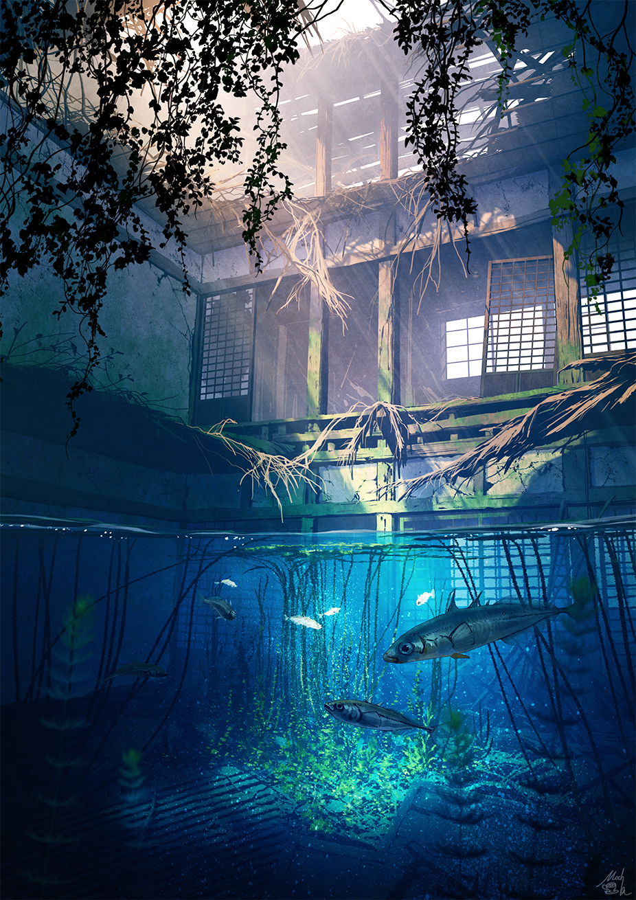 the artwork depicts a halfsubmerged, dilapidated japanesestyle building.  the upper half of the image shows the decaying structure, overrun with vines and plants, sunlight streaming through gaps in the ruined roof. the lower half is underwater, revealing the submerged foundation and several fish swimming amongst aquatic plants.  the overall mood is serene and mystical, blending elements of nature and decay in a visually striking composition. the style is reminiscent of digital fantasy art or illustration.