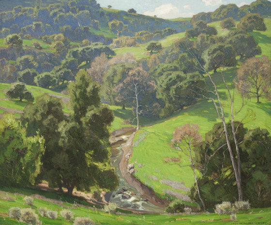this is a vibrant landscape painting depicting a sunlit valley with rolling green hills and a meandering stream. numerous trees dot the landscape, creating a textured effect with visible brushstrokes, typical of impressionist style. the scene is bathed in natural light, with varying shades of green and contrasting shadows that accentuate the depth and form of the hills and trees.