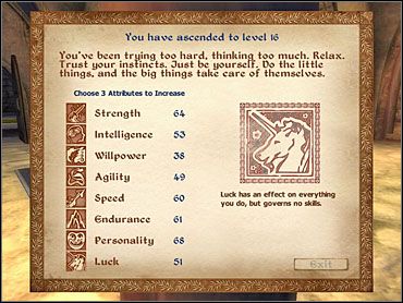 he image shows a character level up screen from the game baldur's gate. the character has reached level 16, and is now prompted to select three attributes to increase. the character is presented with a list of attributes, along with their current values, and a description of the "luck" attribute. the image also features a unicorn emblem.