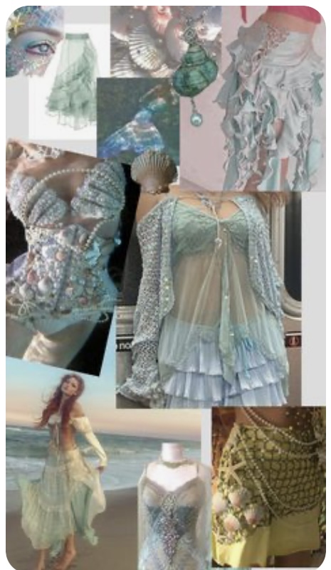 the image is a moodboard or inspiration board for a mermaidthemed costume or outfit. it features a collection of images with a cohesive color palette and aesthetic, including: various pieces of clothing and accessories like seashell bras, flowy skirts, and beaded jewelry; closeups of fabrics and textures; and images of women in mermaidinspired outfits. the overall feel is ethereal, whimsical, and inspired by the sea.