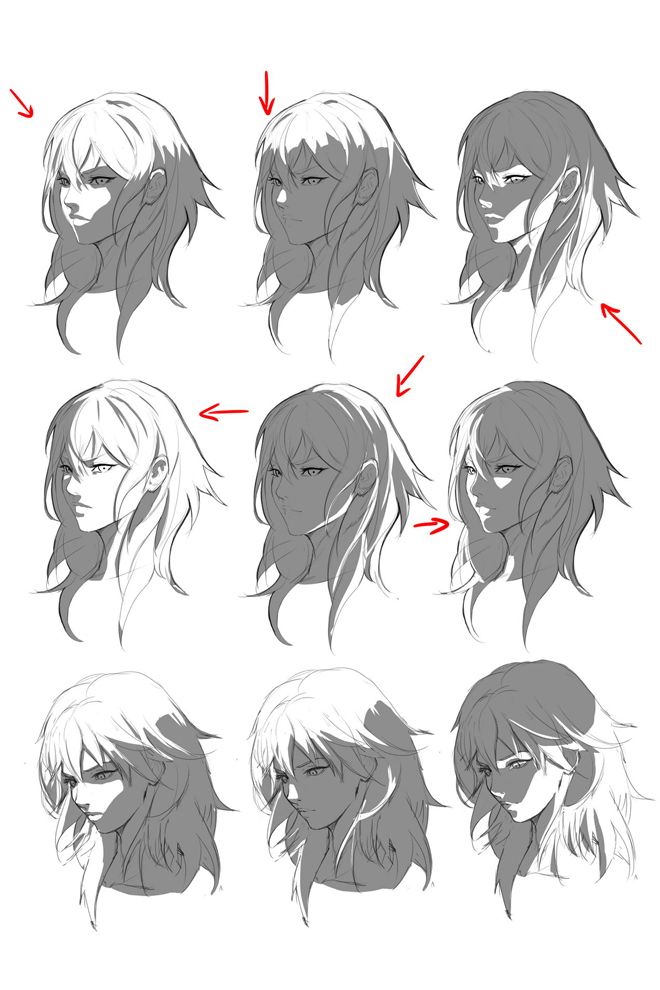 the image showcases a ninepanel tutorial focusing on drawing hair in an anime or manga style. each panel features the same female character's head and shoulders in a threequarter view, drawn with varying hairstyles and hair flow directions. the tutorial emphasizes how to render realistic hair flow and the impact of side lighting through line work and shading techniques. the use of red arrows further guides the viewer's attention to specific areas or changes between each panel.