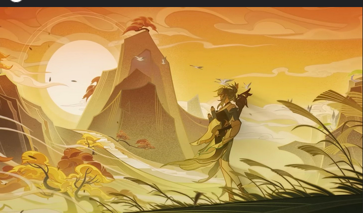 the image is a beautiful and colorful digital illustration that depicts a young girl in a yellow outfit, with her hair tied up, in a fantasy landscape with a sunset sky. the girl is walking on a path winding through grassy fields. her brown wolf companion is by her side. the sun is setting, casting a warm glow on the landscape. the mountains are large and looming, covered in clouds. the sky is filled with soft, pastel colors. the image has a magical and serene feel.