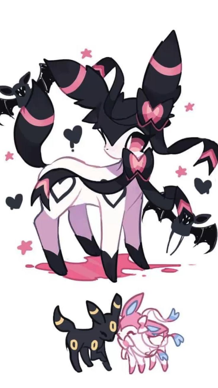 the image is a piece of digital fanart featuring stylized versions of the pokémon umbreon and sylveon.  umbreon is depicted in a larger, almost gothic lolitastyle design, with pink accents against its dark fur,  surrounded by small, cute bats.  sylveon, shown smaller in the bottom, appears in a sweeter, more typical design. a smaller umbreon is also shown interacting with sylveon.  the overall style is cute and kawaii, with a pastel goth aesthetic evident in the color palette and umbreon's design.  the background is white, focusing attention on the pokémon characters.